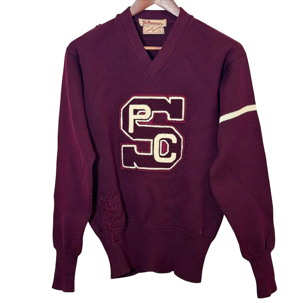 Vintage 50s Letterman Sweater Wool Burgundy PCS Patch Repaired USA Knit
